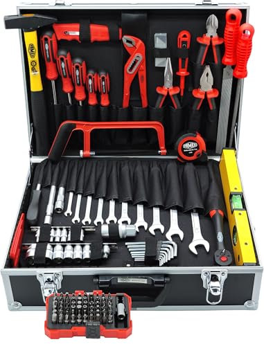 Famex 755-57 Aluminium Werkzeugkoffer bestückt mit hochwertigem Werkzeug Komplett Set - Werkzeugkasten gefüllt, Werkzeugkiste für Haushalt, Garage, Werkstatt