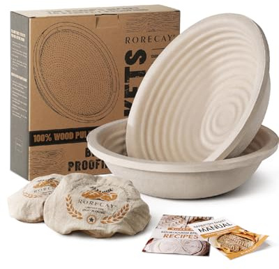 Wood Pulp Banneton Bread Proofing Baskets Set of 2, 9 Inch Round 2.2LB Sourdough Banneton Basket with Liner, Non-Stick Dough Proofing Bowl for Rising and Baking
