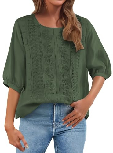 Baggy T Shirts for Women UK Summer Retro 3/4 Sleeve Tunic Top Loose Baggy T-Shirts Plus Size Lightweight Linen Flowy Boho Tee Blouse My Orders Green