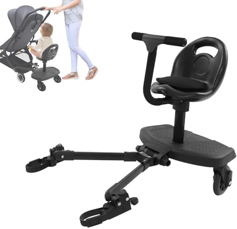 Fridgestea Universal Buggy Board mit Sitz | Kinderwagen Trittbrett für 2-6 Jahre | 50kg Traglast | 360° Drehräder mit Federung | Passend für 60% aller Kinderwagen