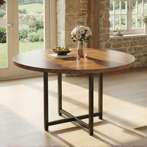 Tribesigns Table à manger ronde de 120 cm - Table de cuisine industrielle avec structure en métal robuste - Table à manger compacte pour les petits espaces, les salons et les appartements (noir et