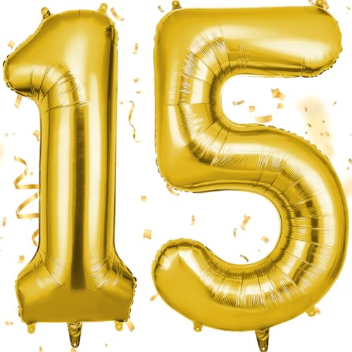 OFFCUP Ballon d'Anniversaire 15 Ans Or, Foil Ballon Numéro Chiffre 101cm, Gonflable Hélium, Deco Anniversaire 15 Ans Grand Ballons pour Fête Party Mariage
