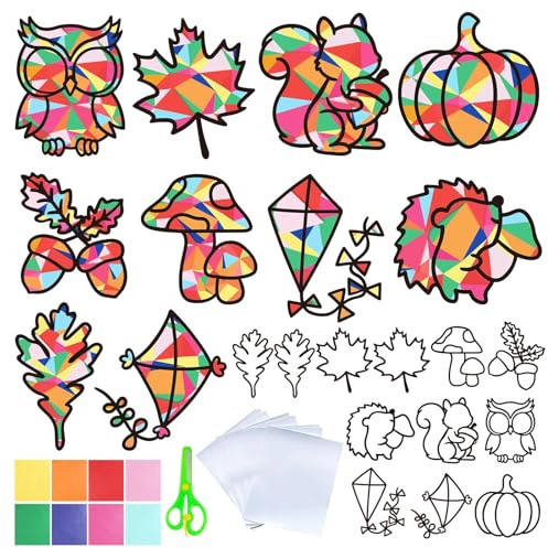 BOOMTOP 12 Herbst Basteln Fensterbilder Herbst Bastelset Bunte Fensteraufkleber Herbstdeko Herbstblätter Kürbis Igel Fenster Deko DIY Herbstkränze Thanksgiving Erntedankfest Kreative Geschenke