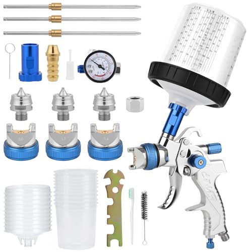 LustLocke HVLP Pistolet Peinture Air Comprimé à 3 Buses (1,4/1,7/2,0 mm), Pistolet a Peinture Pneumatique avec 10 Godet de 600 ML – Pistolets à Peinture et Accessoires Voiture, Meuble, Bois, Métal
