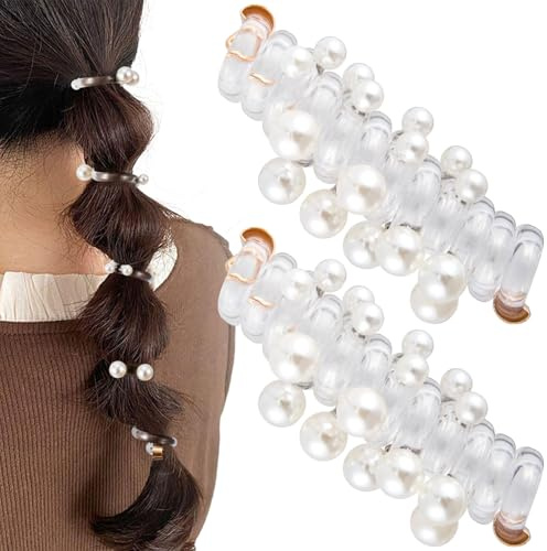 SmallCat 2PCS Spiral Hair Ties with Beads, Artificial Pearl Phone Cord Shape Hair Bands, Elastic Rubber Ponytail Holders for Women, No Crease Hair Accessories for Long Curly Hair - White Pearl
