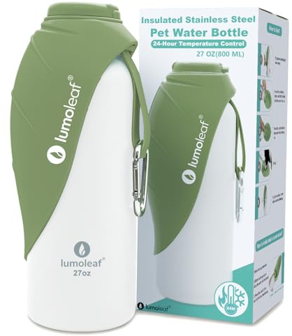 LumoLeaf Isolierte Edelstahl-Wasserflasche für Hunde, 800 ml – Hält Wasser stundenlang kühl oder warm, Langlebig & Tragbar für Reisen, Breite Öffnung für Einfaches Befüllen & Reinigen (Grün, 800 ml)
