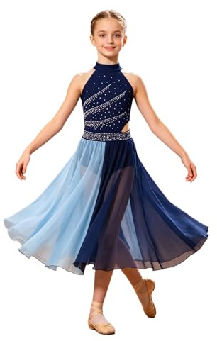 Miaeowve Tanzkleid Lyrisch Kinder Mädchen Ballettkleid Lang Strass Glitzer Eiskunstlauf Kleid Ärmellos Trainingskleid Rollkunstlauf Anzug