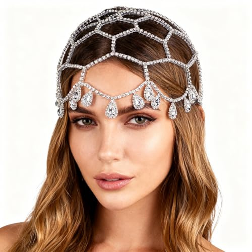 GORGECRAFT 1920-tal kristallmössa huvudbonad tårdroppe strass huvudkedja silver rytande 20-tal Great Gatsby hårtillbehör hårkedja hatt för brud cosplay halloween konst dekor fest (med 2 st hårklämmor)