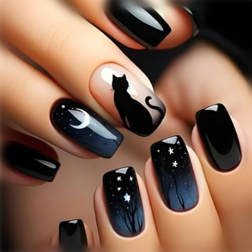 Weihnachten Nägel, 24 Stück Press on Nails, Softgel Doonail-s press on nail starter set, Nägel Zum Aufkleben, Press On Nail Almond, Kunstnägel zum Aufkleben, Schwarze Katze