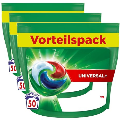 Ariel Waschmittel Pods All-in-1, Flüssigwaschmittel Kapseln 50 Waschladungen, Universal+, Kraftvolle Fleckentfernung ab der 1. Wäsche (Packung mit 3)