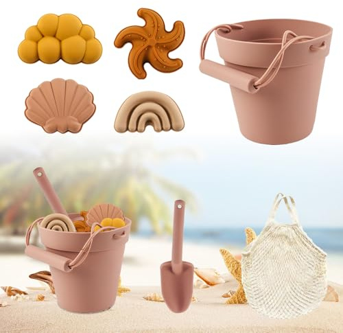Nzkeuf 7 Piezas Juguetes de Playa de Silicona, Juguetes Playa Niños Bebe con Cubo, Palas, Juego de Moldes de Arena de Silicona y Bolsa, Juguete de Exterior Regalo para Niño Niña