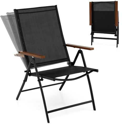 GOPLUS 2er Set Gartenstühle klappbar, hochlehner Klappstuhl mit 5-Fach verstellbar & Armlehnen, Balkonstuhl aus atmungsaktivem Gewebe für Garten Balkon Terrasse,blastbar bis 150 kg