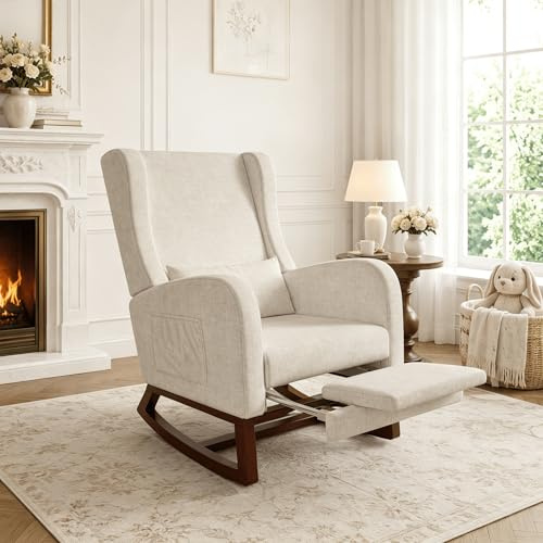 Sillón Mecedora con Reposapiés Extensible y Cojín, Butaca Mecedora Tapizada en Tejido de Terciopelo Suave con Bolsillos Laterales, Silla Relax con Patas de Madera para Salón y Dormitorio, Beige