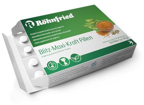 Röhnfried – Pillole di forza Flash Maxi | Resistenza e velocità di volo per i vostri piccioni | Energia concentrata e pura di polline di fiori, lievito di birra e anice stellato (50 pezzi)