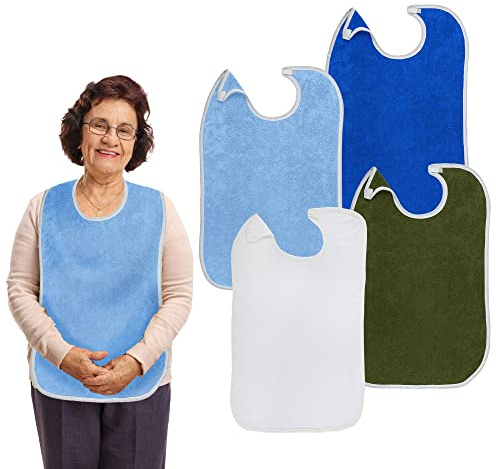 Terry Adult Reusable Bibs with Velcro Closure, 18 x 30, Double Ply Knit, Extra Absorbent and Washable, Multicolor, Pack of 4
