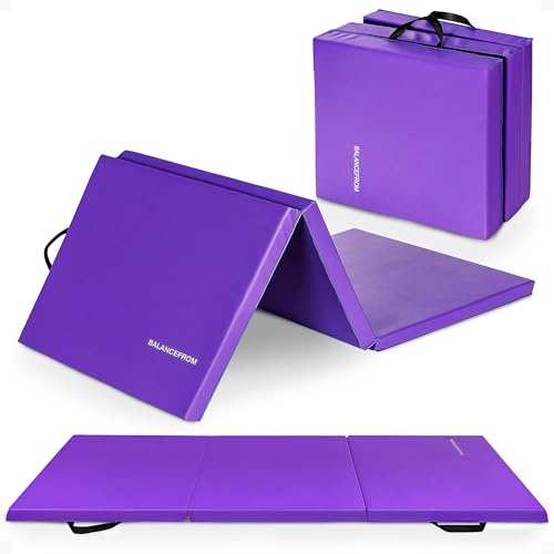BalanceFrom 2 Thick Tri-Fold Folding Exercise Mat with Carrying Handles for MMA, Gymnastics and Home Gym Protective Flooring (Purple)