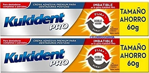 Crema Adhesiva Doble Acción de Kukident compatible |Para Dentaduras Postizas| 60gr,-Pack 2Un.