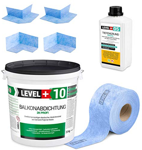 Dicht-Set 20Kg Balkonabdichtung 6m², 2 Innenecken, 2 Außenecke, 10M Dichtband, 1L Tiefengrund mit Wasserglas SET30