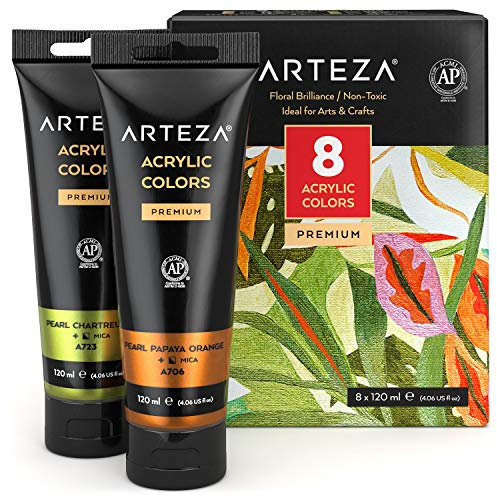 ARTEZA Metallic Acrylic Paint, Set of 8 Floral Brilliance Colours in 120 ml Tubes, Rich Pigments, Non Fading, Non Toxic Paints for Artists & Hobby Painters, Art Supplies for Canvas Painting & Crafts