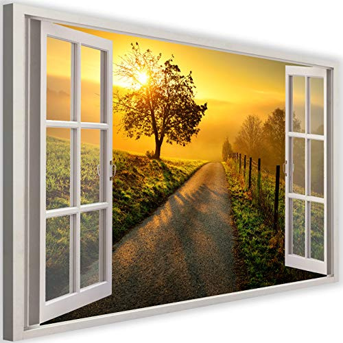 Feeby Vlies Leinwandbild Sonnenuntergang In Der Provinz Baum 120x80 cm Wanddeko Design Kunstdruck Zimmerdeko Bilderwand Offenes Fenster 3D-Illusion Gelb