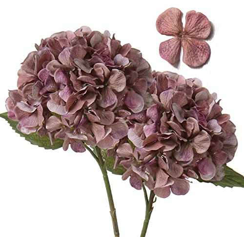 2 Piezas de Hortensias Artificiales, hortensias de flores artificiales con tallos de impresión digital falsa flor seca para decoración del hogar para cocina, rosa y gris