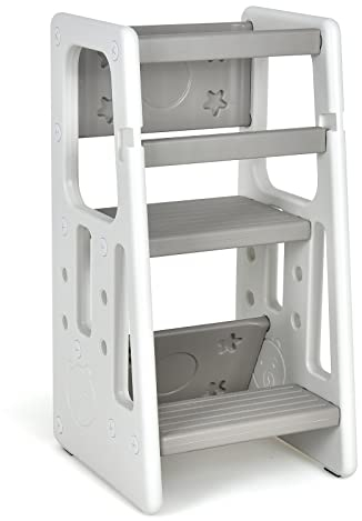 COSTWAY 2 Stufen Lernturm mit 3 einstellbaren Höhen, Lerntower mit Schutzgeländer, Lernstuhl Küchenhelfer für Kinder von 18-60 Monaten (Grau)