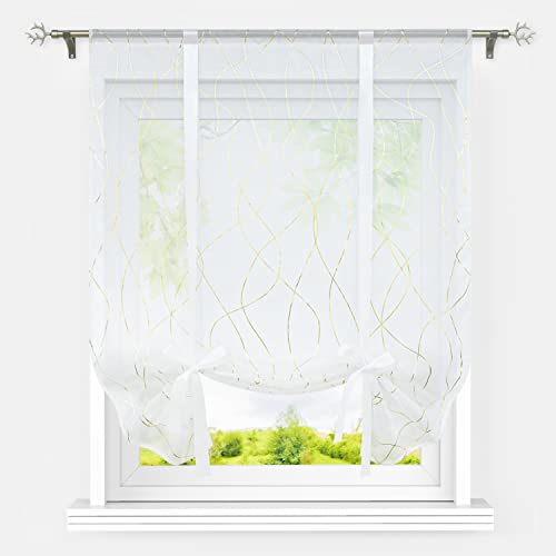 Heichkell Raffrollo Transparent Streifen Druck Bindegardine mit Tunnelzug Raffgardine Modern für Küche Kurz Fenstervorhang Gold BxH 140x140cm