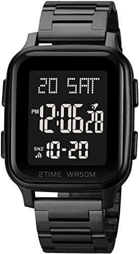 Digital Herren Uhren Edelstahl Digitale Armbanduhr 5ATM Wasserdicht Männer Uhr Multifunktions Digitaluhr mit Wecker Stoppuhr Kalender LED Dualzeit Eckiges Gehäuse
