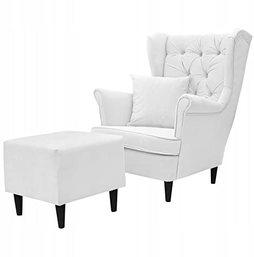 Family Meble Ohrensessel mit Hocker, Modell Gaja, Skandinavisch, Relaxsessel aus Webstoff, Loungesessel, Ohrensessel mit Hocker, Bequemer Sessel, Für Wohnzimmer, Esszimmer, Schlafzimmer, Weiß