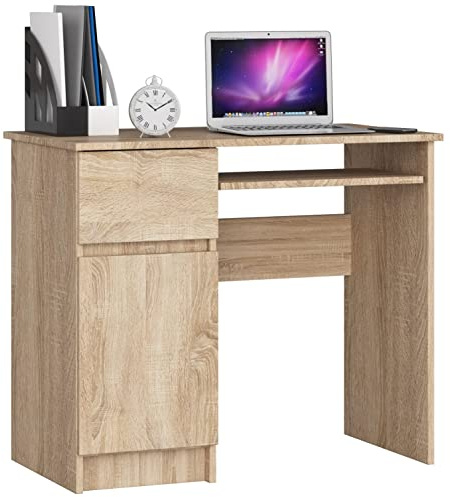 AKORD Piksel Schreibtisch Klein mit Schubladen | Computertisch | Bürotisch mit Tastaturablage | Schublade und Fach mit Tür | Holz Deko | B90 x H77 x T50 cm 30 kg | Schrank Links | Sonoma-Eiche
