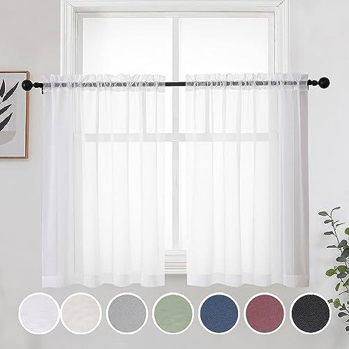 OWENIE Short White Sheer Curtains 36 Inches 2 Panels Set - Kitchen Tiers Valances Curtains Light Filter Rod Pocket Voile Cafe Curtains for Kitchen Bathroom Small Half Window, 42 in W x 36 in L