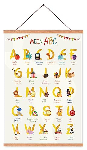 ZDFDC Kinderzimmer Alphabet Poster - ABC Deutsch, Niedlich Muster Wandbilder auf Leinwand in A2-Größe Mit Teakholz-Holzposterleiste und Magnetbefestigung (Weiß)