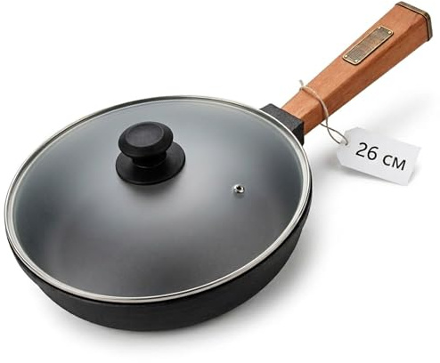 Gusseisenpfanne 26 cm mit Glasdeckel Holzgriff abschraubbar schwere Pfanne Gusseisen Bratpfanne Steakpfannen Cast Iron Pan Feuerpfanne - Gasgrill Backofen Feuerstelle alle Herdarten inkl. Induktion