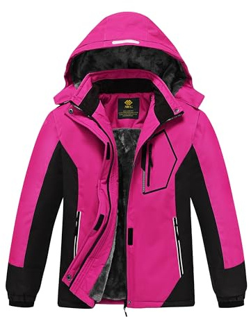 MoFiz Girls Ski Jacket Waterproof Fleece Lined Snowboard Jacket Warm Winter Coats with Removable Hood Rose Red L