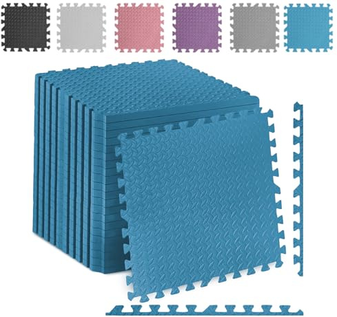 Fk Sports Thick Gym Flooring Mat Leaf 600x600x12mm (Blue, 16pcs | 64 sq.ft) Soft Cushion Non-skid mats EVA Rubber foam, Interlocking Puzzle Floor Tiles kids toddlers for home Yoga Workout