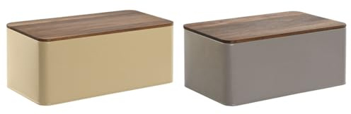 Home ESPRIT Boîte à pain beige gris métal acacia 33 x 18 x 12 cm (2 unités)