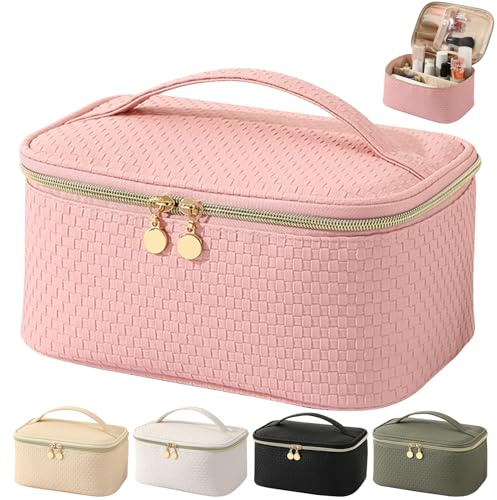 Bestash Kulturtasche Damen,Wasserdichter Reise Kosmetiktasche,PU Leder Make Up Tasche,Schminktasche Groß Mit BüRstenfach,Kulturbeutel Organizer Tragbare Make Up Bag （Hell-Pink）