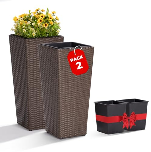 Idzo All Weather Wicker Planters for Outdoor Plants Set of 2, 24 inch Tall Planter for Front Porch, Patio, Balcony, Indoor Usage - Square Rattan Flower Pots, Mocha