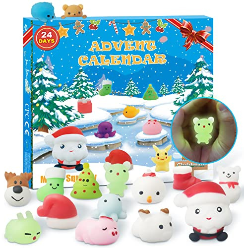 sudatong Adventskalender 2025 Kinder mit 24 Mochi Squishy - Weihnachtskalender Countdown Kalender mit leuchtenden Überraschungen, Ungiftiges Anti-Stress Spielzeug für Kinder (Jungen & Mädchen)