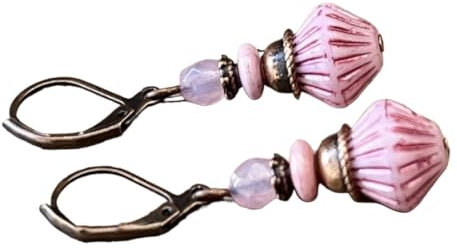 Vintage Ohrringe mit böhmischen Glasperlen - weiß rosa opal & kupfer