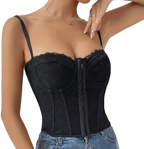 Haibang Elegant Damkorsett Spets Bustier Med Tunna Axelremmar Öppen Fronten Benfritt Bodysuit Toppar Blommig Kurvig Korsett Sexig Bustier Linne Justerbar Korsett Bodyshaper Mode Klubbkläder, Svart, L