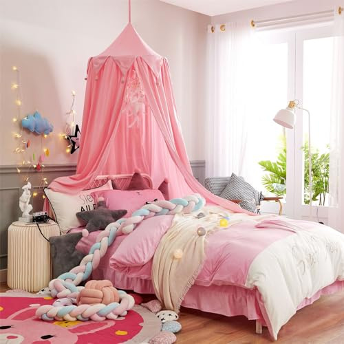 CULASIGN Baldachin Kinderzimmer, Hängende Rund Princess Betthimmel Babybett Moskitonetz, Mädchen Prinzessin Baumwolle Bettvorhang für Spiel Lesen Schlafzimmer Ankleidezimmer (Rosa)