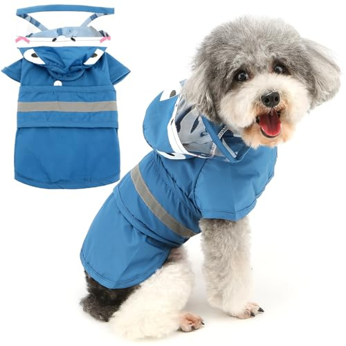 Zunea Wasserdichter Hunde-Regenmantel mit Kapuze für Kleine Hunde Leicht Reflektierend Regenjacke Poncho mit Loch für die Leine Zupf Lustiges Haifischmuster Kostüme Chihuahua Regenbekleidung Blau L