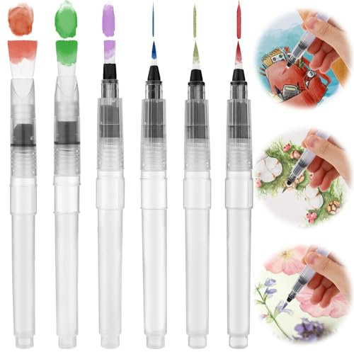 Abeillo 6PCS Watercolour Brushes Pen Set, 3Pcs Point Tip and 3Pcs Flat Tip Water Brush Pen, Refillable Watercolour Aqua Paint Brushes for Watercolor Painting Calligraphy Lettering