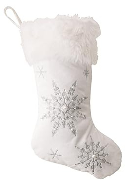 Blausky 1 Stück Weihnachsstrumpf,Flanell Weihnachtssocken,Nikolausstiefel mit Perlen,Schneeflocke Nikolaus Strumpf,zum Befüllen und Aufhängen,Weihnachtsbaum Groß Geschenktüte,Nikolausstrumpf,Silber