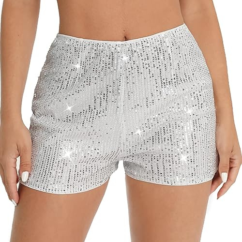 Nicoxijia Womens Sequins High Elastic Waist Straight Leg Shorts Sparkly Glitter Hot Pants Rave Concert Party Night-Out Shorts (White, S)
