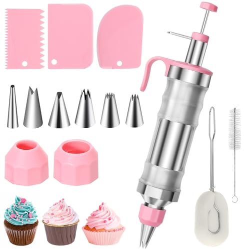 Icing Piping Kit Dessert Cake Decorating Set,Stainless Steel Icing Piping Nozzle Cake Decorating Tools,14 Pcs DIY Frosting Baking Tools with 6 Icing Nozzles & 3 Cream Scrapers（Pink）