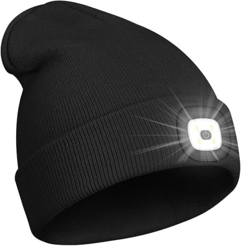 Mr.Gadget's Solutions Gorro LED unisex con tapa recargable por USB, sombrero LED con linterna, para pesca, correr, camping, regalos para hombres, mujeres y papá (negro)