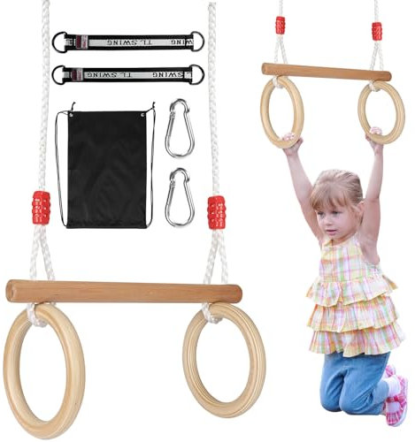 KIMIGO Schaukel Garten,Kinderschaukel Outdoor Indoor,Kinderschaukel aus Holz Schaukelbrett,Brettschaukel für Kinder zum Schaukeln 2 in 1 mit Turnringe zum Aufhängen