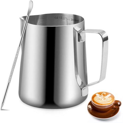 Milukon Milk Frothing Pitcher, 350ml Stainless Steel Milk Jug with Measurement Mark and Decorating Pen for Making Latte Art and Cappuccino Coffee, Silver/12OZ